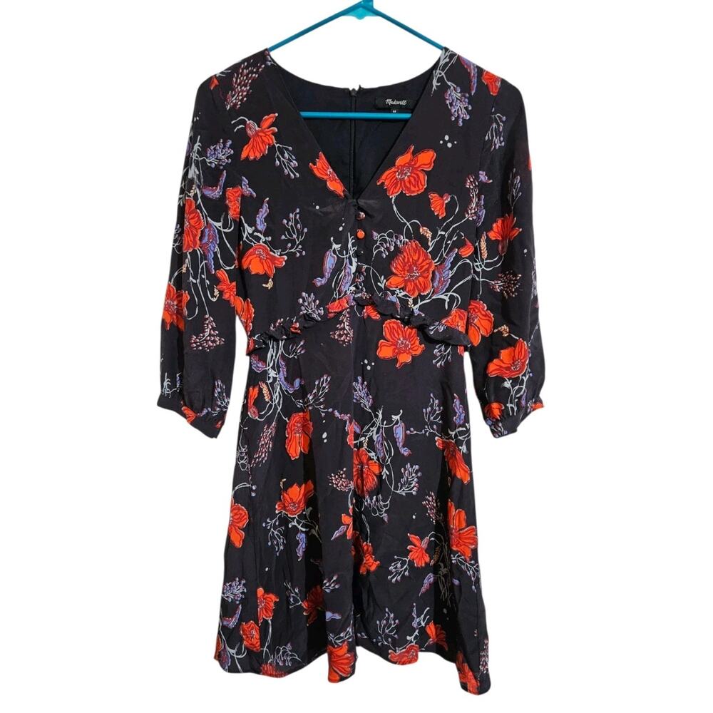 MADEWELL Silk Ruffle-Waist Dress in Windblown Poppies 3/4 Sleeve Mini Size 00